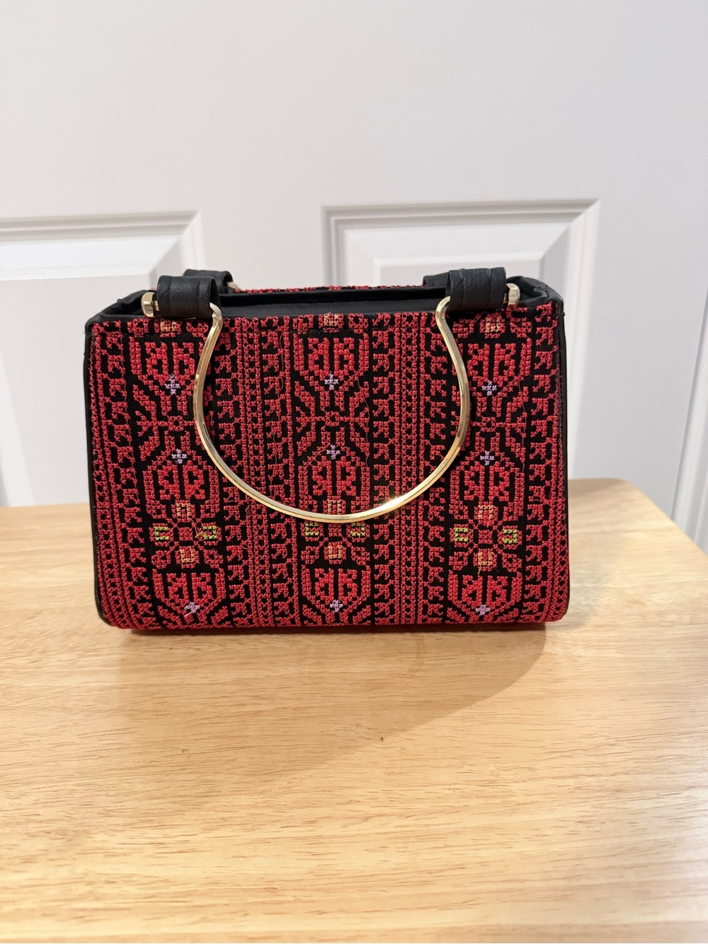 Red Cross Stitched Handbag with Gold Hoop Handle